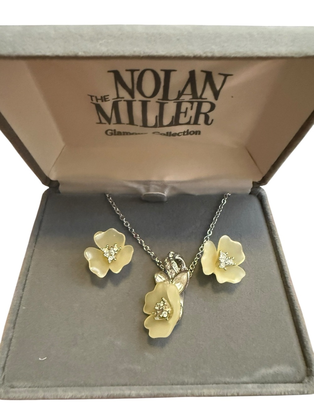 Nolan Miller Glamour Collection Floral Necklace & Earrings Set w/ Box Rhinestone